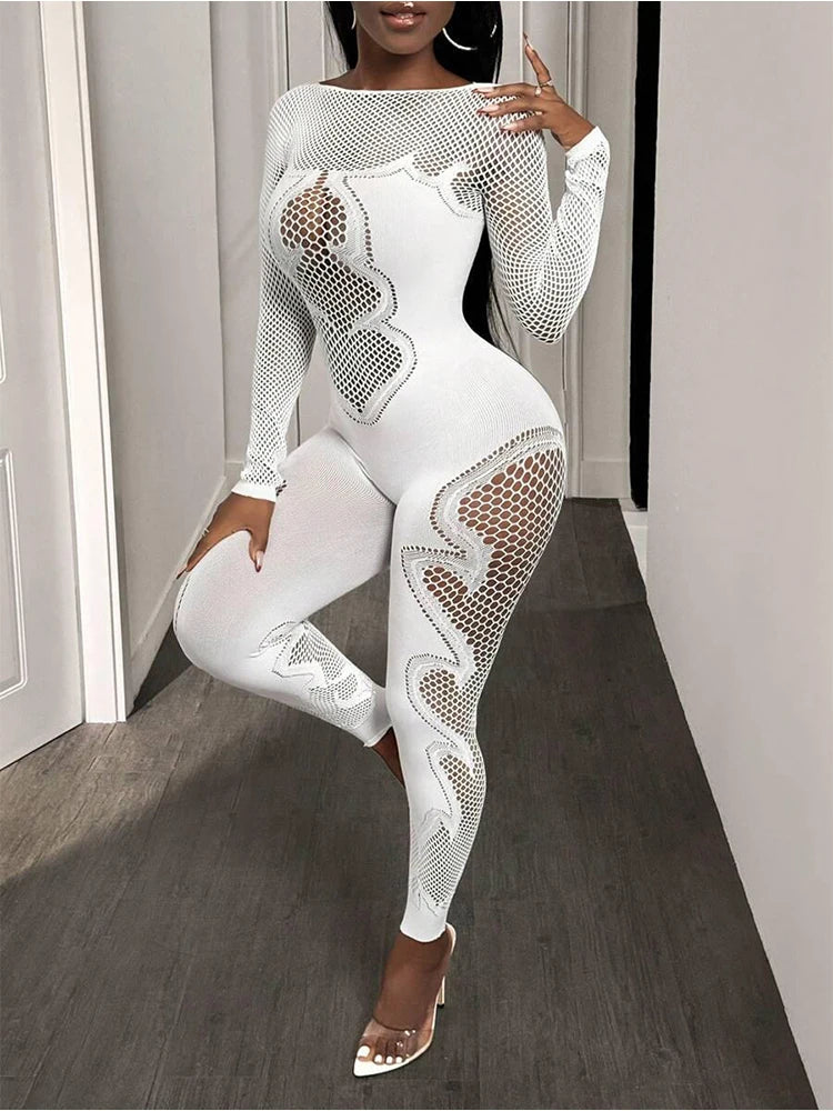 FHSEER  Sexy Jumpsuit Sheer Mesh Long Sleeve Hollow Out Bodycon High-Waist Stretchy Club Party Date Night Out Outfit