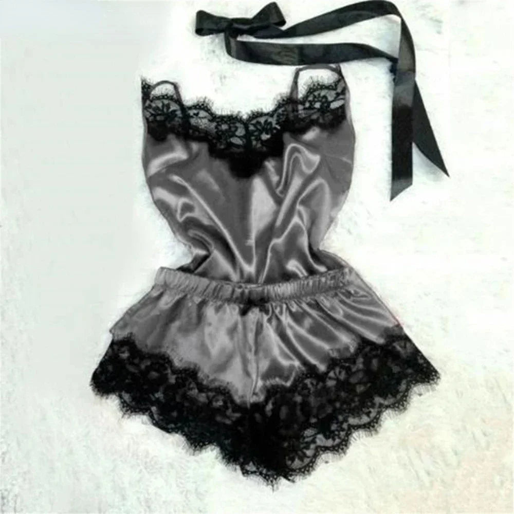 Luxury Satin Lingerie Sleepwear Set – Sexy Lace Trim Cami and Ruffle Shorts Nightwear