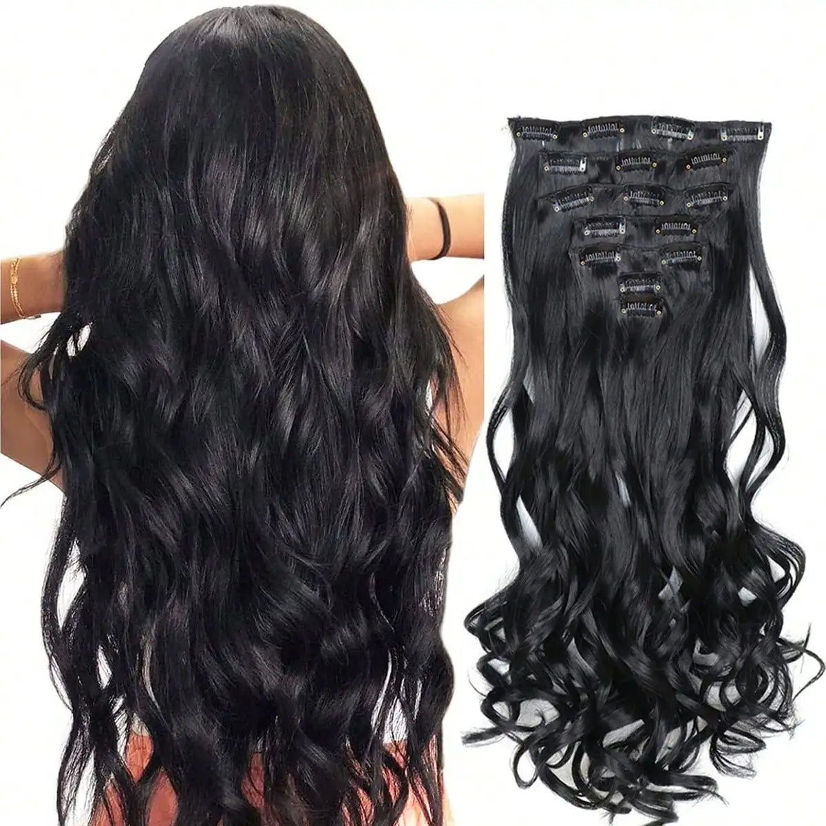 7PCS Clip-In Hair Extensions – 22 Inch Long Curly Wavy Synthetic Hair Pieces