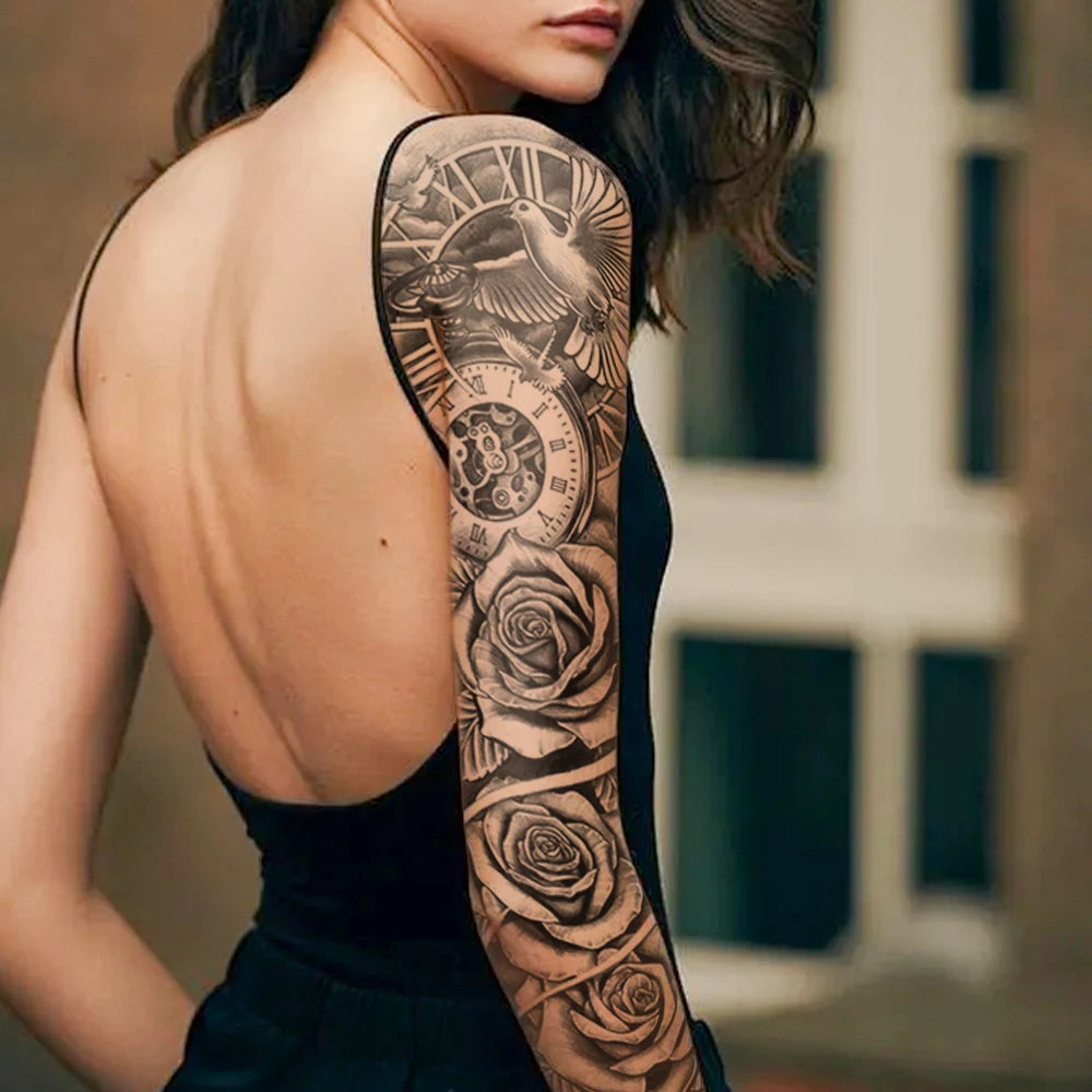 The Clockwork Rose Full-Arm Sleeve: Premium Waterproof Temporary Tattoo