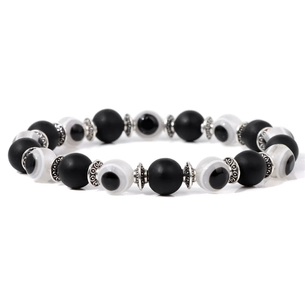 Handmade Evil Eye Natural Stone Bracelet Set – Elastic Lava Rock and Hematite Multilayer Jewelry