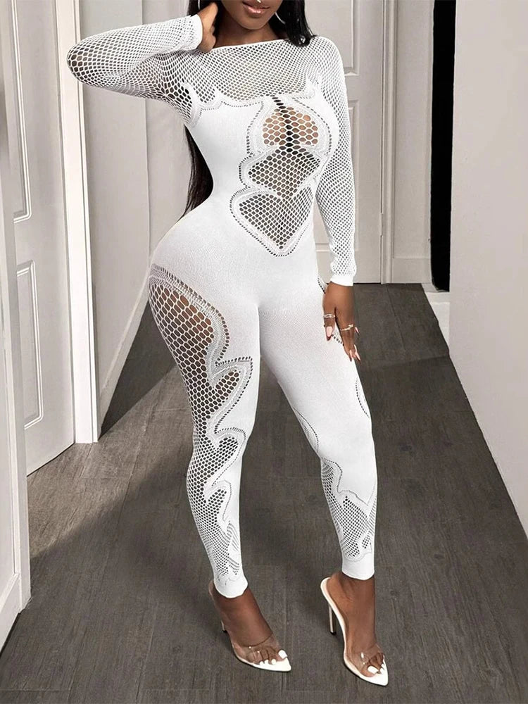 FHSEER  Sexy Jumpsuit Sheer Mesh Long Sleeve Hollow Out Bodycon High-Waist Stretchy Club Party Date Night Out Outfit