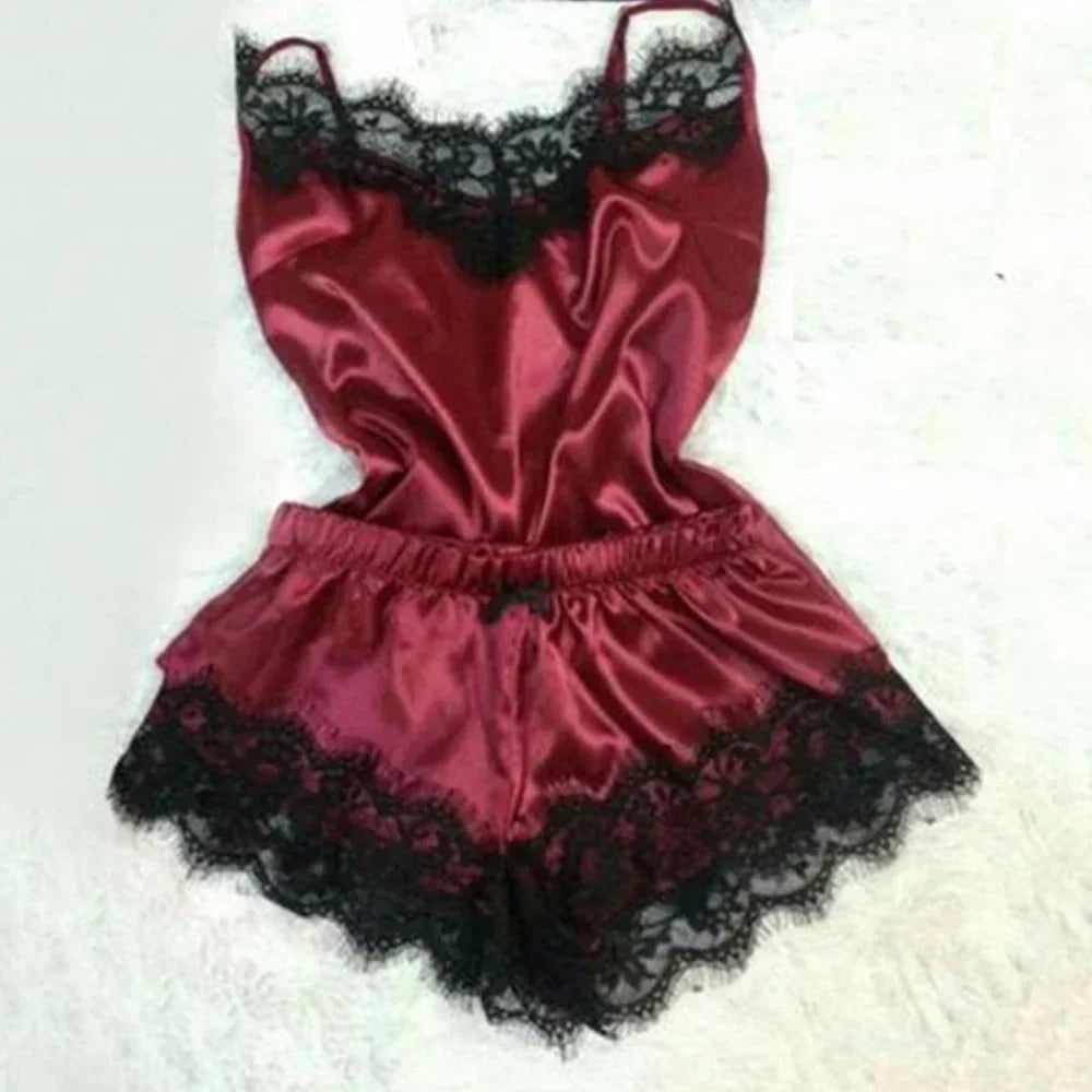 Luxury Satin Lingerie Sleepwear Set – Sexy Lace Trim Cami and Ruffle Shorts Nightwear