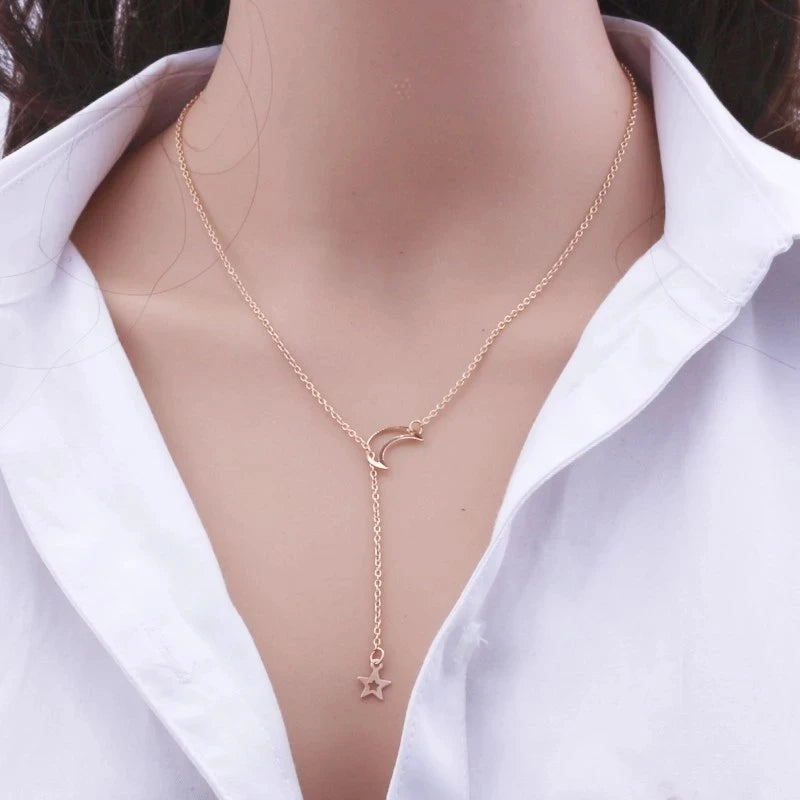 Celestial Crescent Lariat Necklace