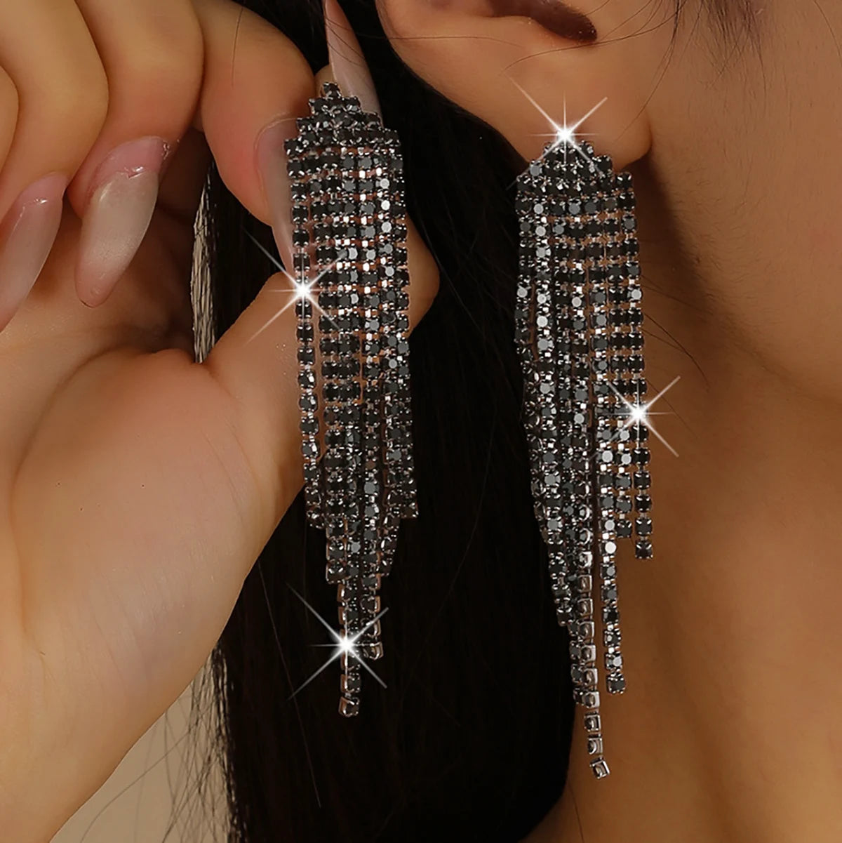 Glamorous Crystal Tassel Dangles  4 Lines Long Rhinestone Evening Earrings