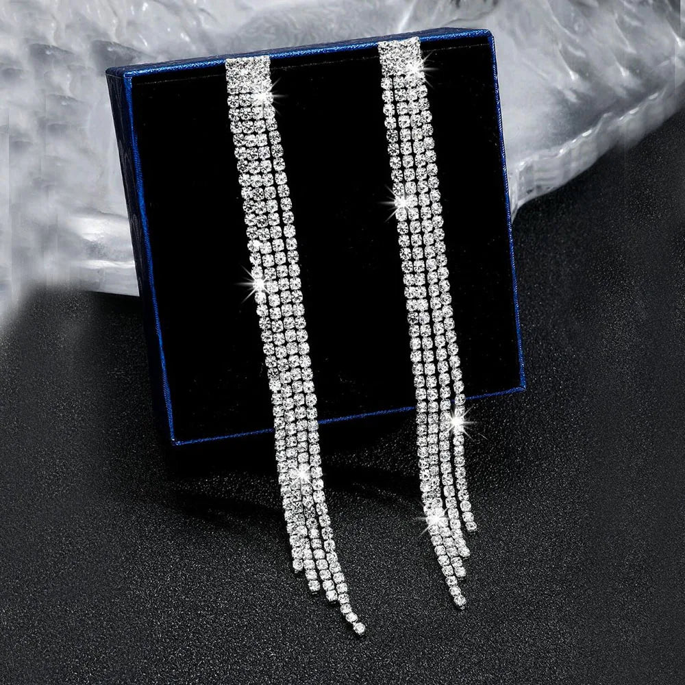 Glamorous Crystal Tassel Dangles  4 Lines Long Rhinestone Evening Earrings