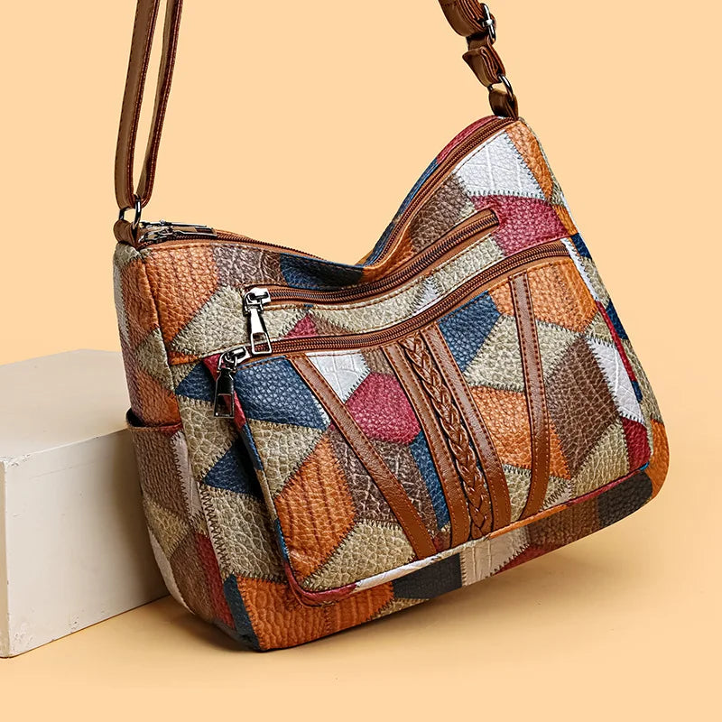 The Retro Artisan Tote – Patchwork Leather-Look Shoulder Bag