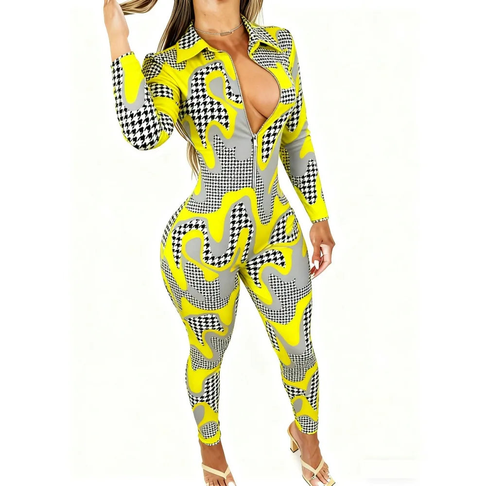 Sculpt & Style: Slimming Geometric Long Sleeve Clubwear Jumpsuit 2026 Trendy Bodysuit