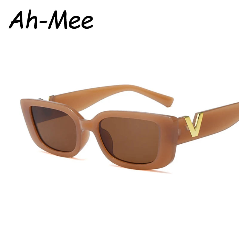 Luxury Urban Chic Rectangular Sunglasses with Gold "V" Detail