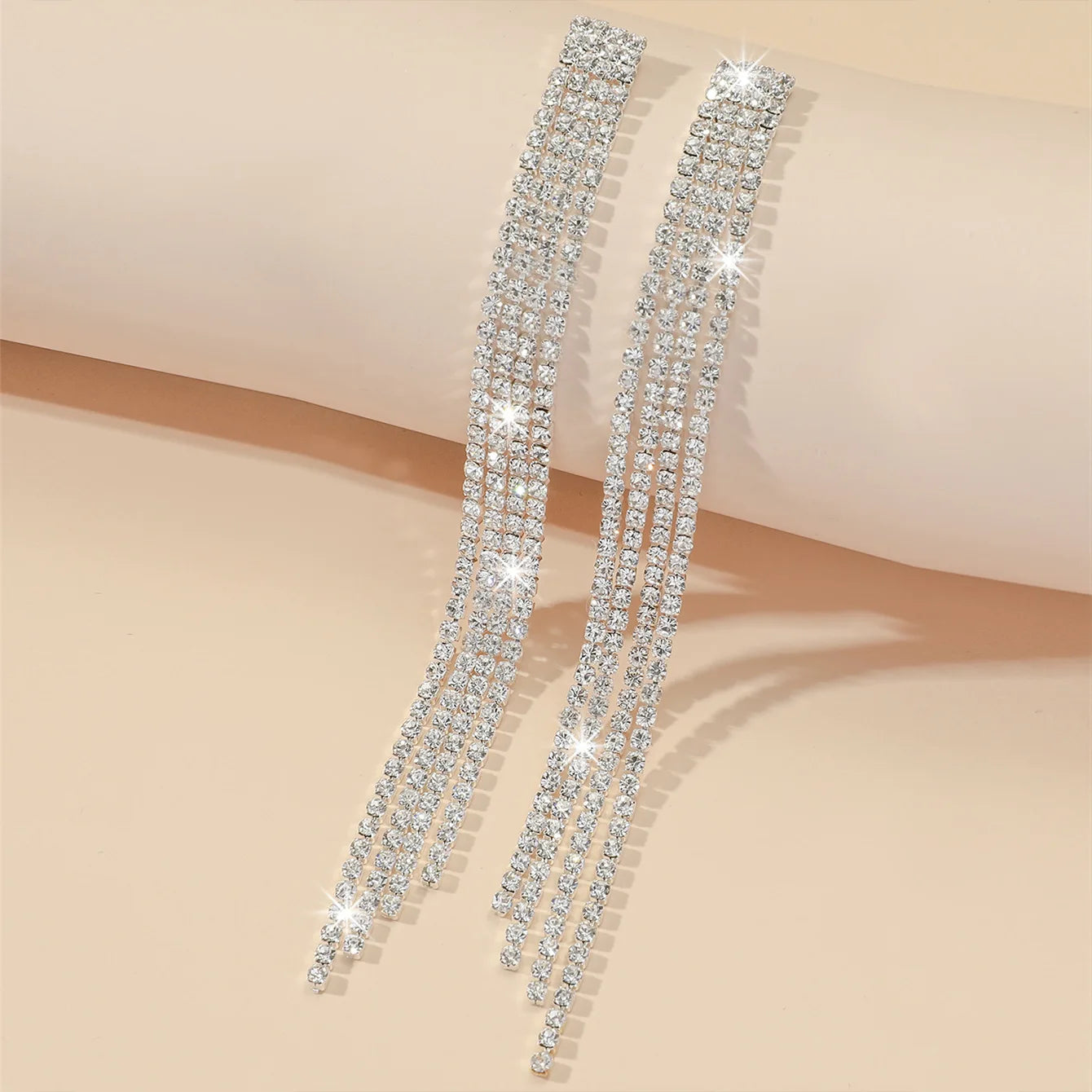 Glamorous Crystal Tassel Dangles  4 Lines Long Rhinestone Evening Earrings