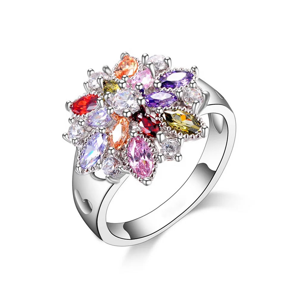Fashion RING 925 Sterling Silver Color Jewelry Colourful Cubic Zirconia Flowe