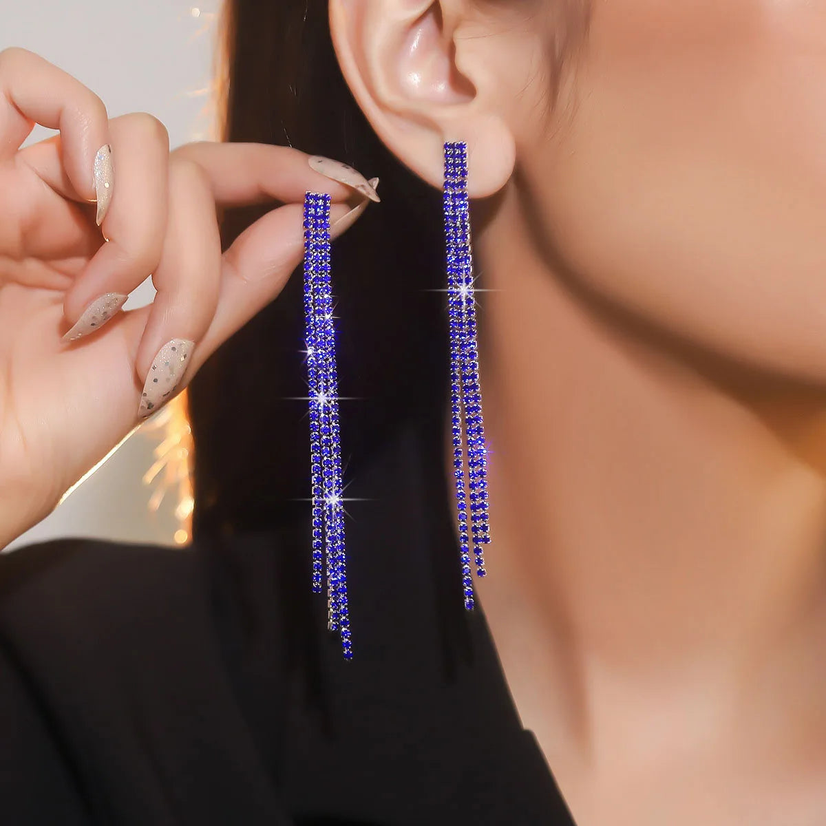 Glamorous Crystal Tassel Dangles  4 Lines Long Rhinestone Evening Earrings