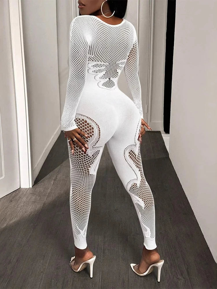 FHSEER  Sexy Jumpsuit Sheer Mesh Long Sleeve Hollow Out Bodycon High-Waist Stretchy Club Party Date Night Out Outfit