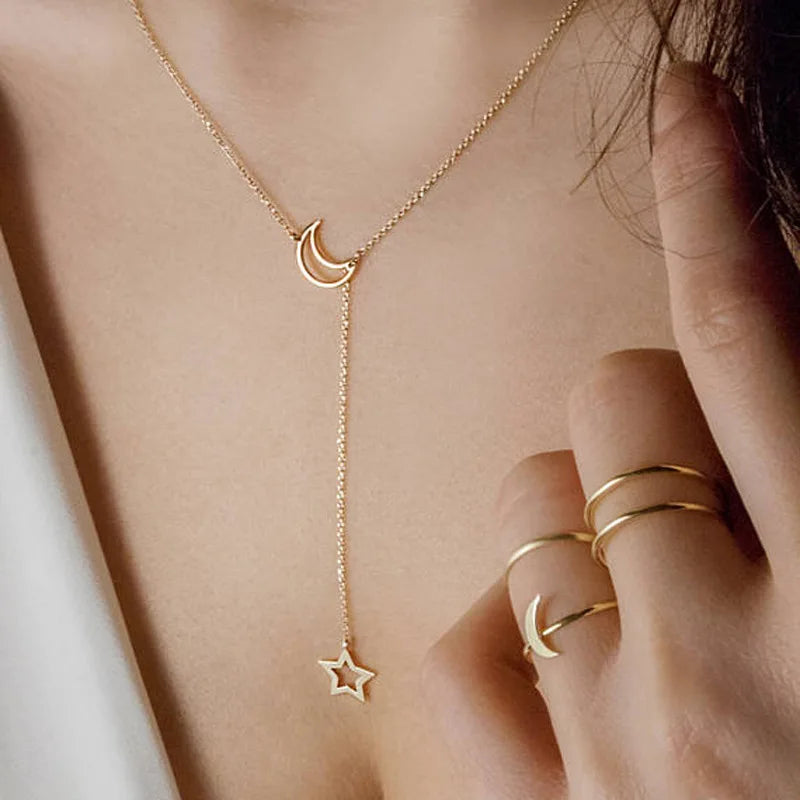 Celestial Crescent Lariat Necklace