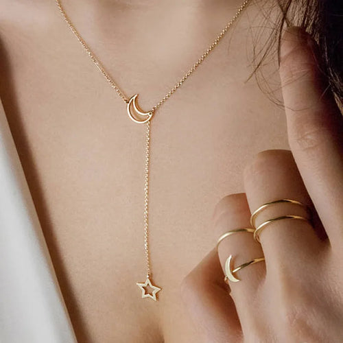 Celestial Crescent Lariat Necklace