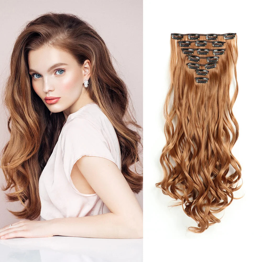 7PCS Clip-In Hair Extensions – 22 Inch Long Curly Wavy Synthetic Hair Pieces