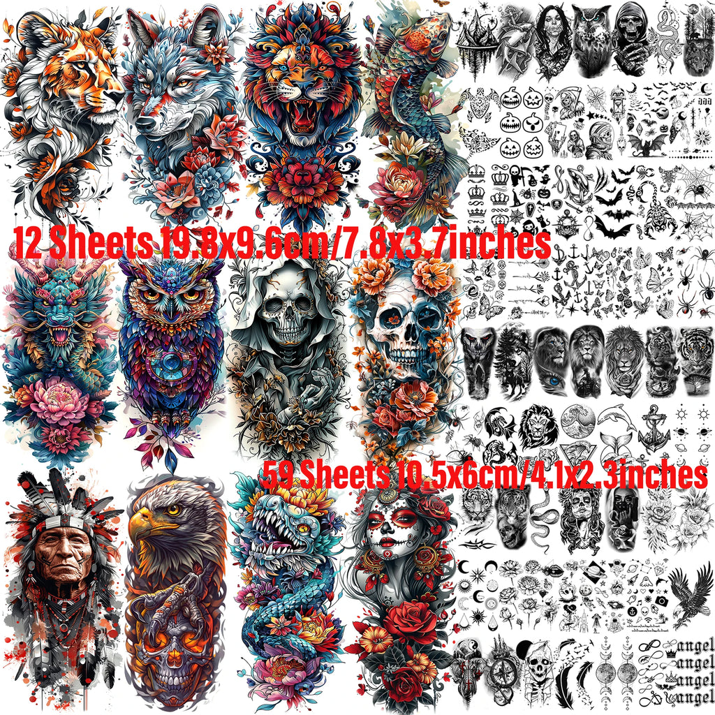 71 Sheets Ultimate Temporary Tattoo Megapack  – Lion, Dragon, Wolf, Flower & Skull Body Art