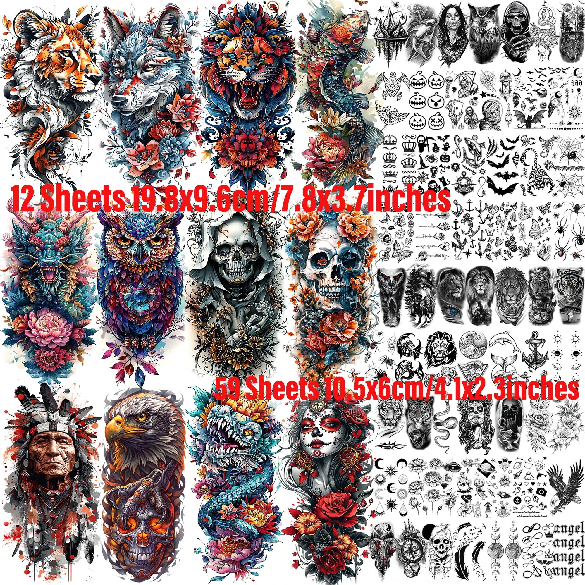 71 Sheets Ultimate Temporary Tattoo Megapack  – Lion, Dragon, Wolf, Flower & Skull Body Art