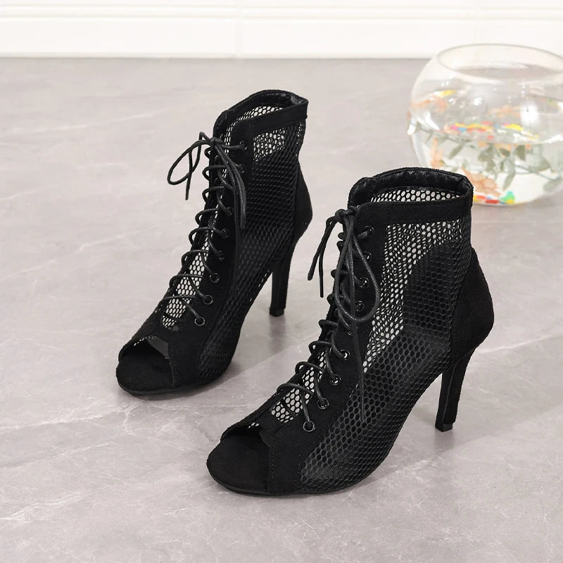 Luxe Mesh Lace-Up Sandals – Sophisticated Peep-Toe Party High