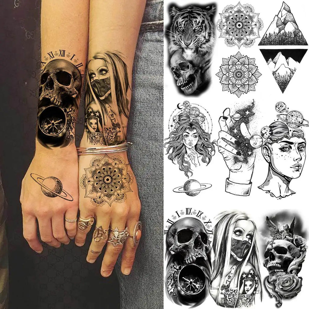 52pcs Premium Temporary Tattoo Collection – Versatile Mix of Skulls, Snakes, Flowers & 3D Art