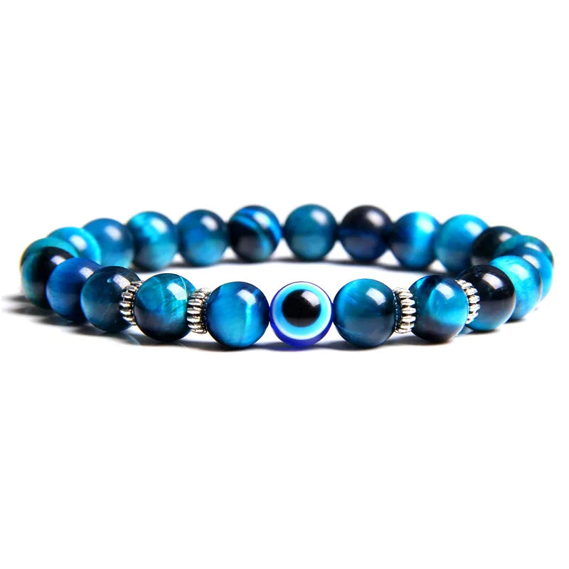 Handmade Evil Eye Natural Stone Bracelet Set – Elastic Lava Rock and Hematite Multilayer Jewelry