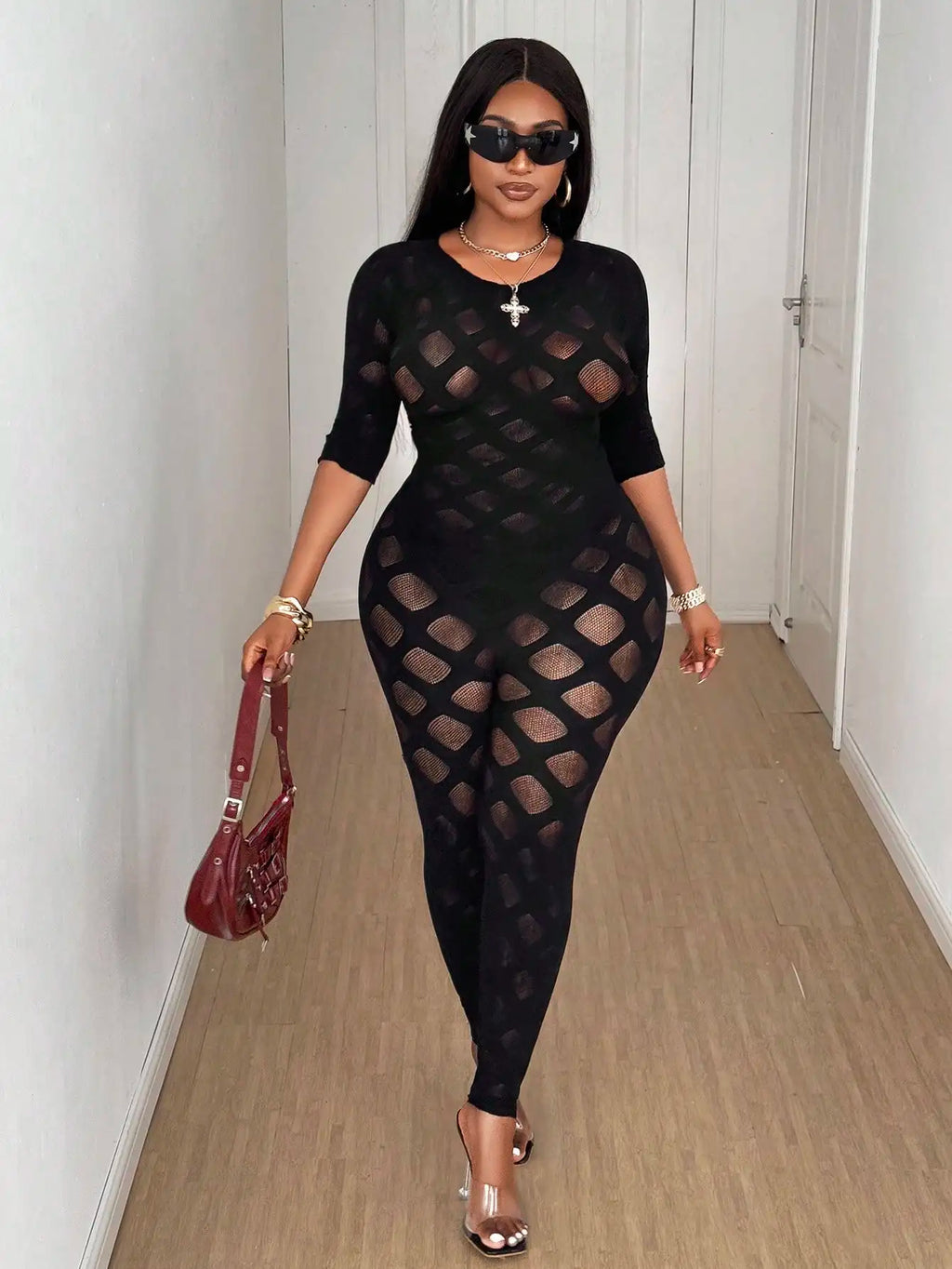 Jumpsuit Sculpting Diamond-Mesh Full-Body Jumpsuit for Night Out/Festival Wear for Club Party
