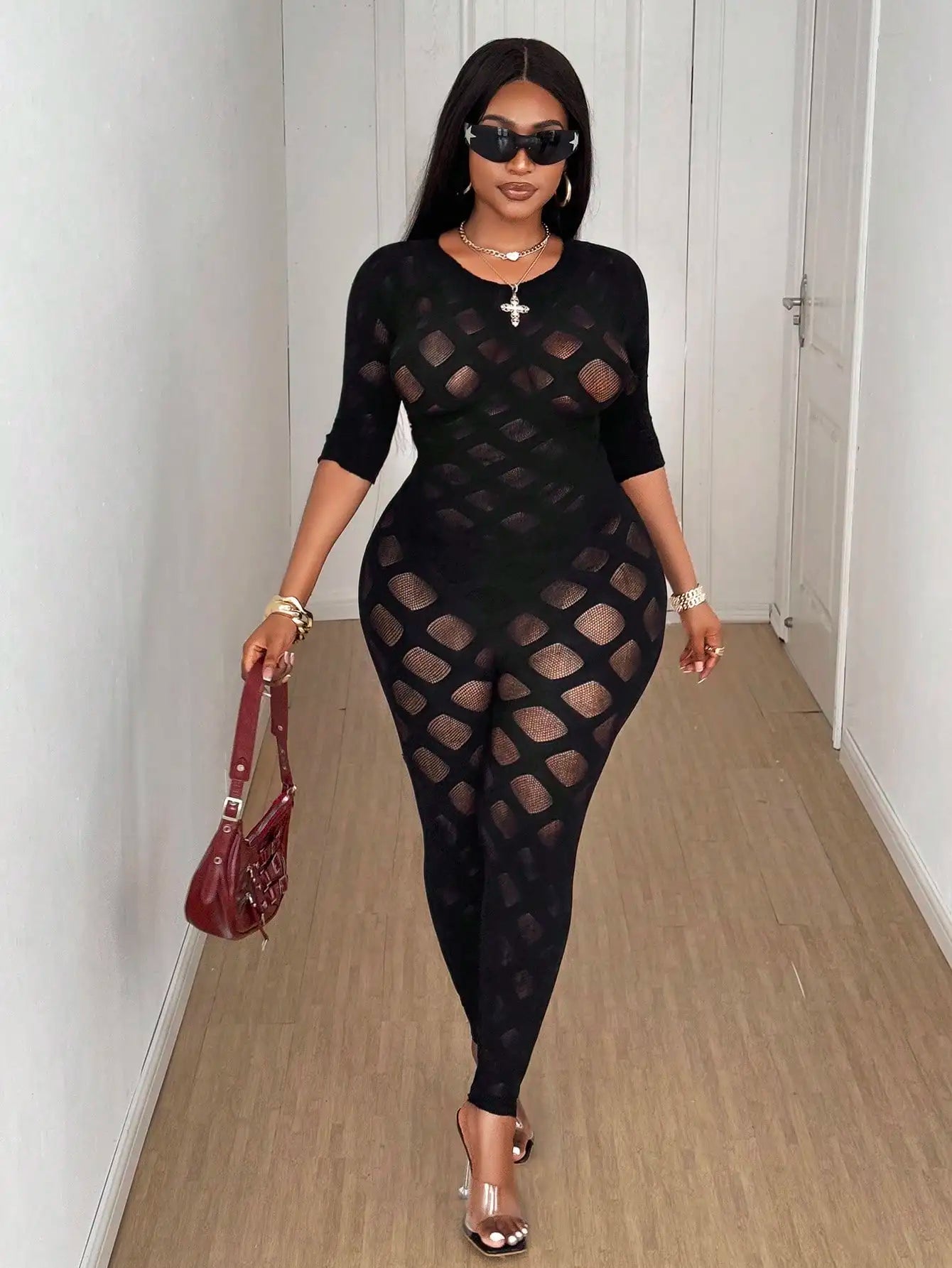 Jumpsuit Sculpting Diamond-Mesh Full-Body Jumpsuit for Night Out/Festival Wear for Club Party