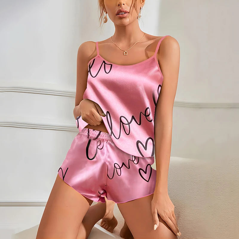 Luxury Satin Heart-Print Pajama Set | Sexy V-Neck Cami & Short Sleepwear