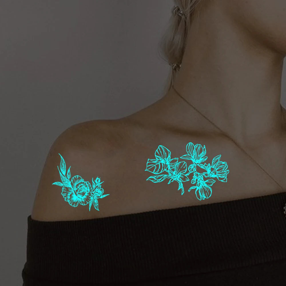 Glow-in-the-Dark Temporary Tattoo Sticker  4pcs Set – Waterproof Geometric Butterfly & Flower Designs