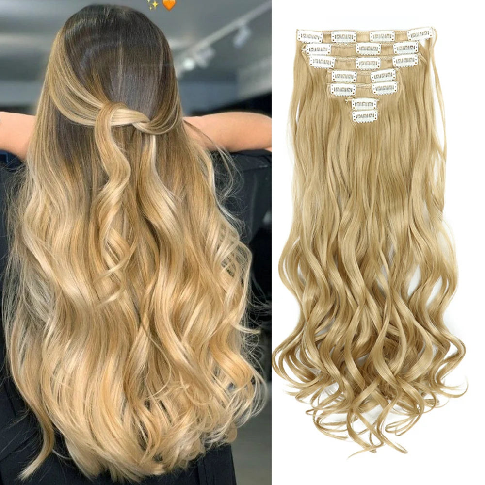 7PCS Clip-In Hair Extensions – 22 Inch Long Curly Wavy Synthetic Hair Pieces