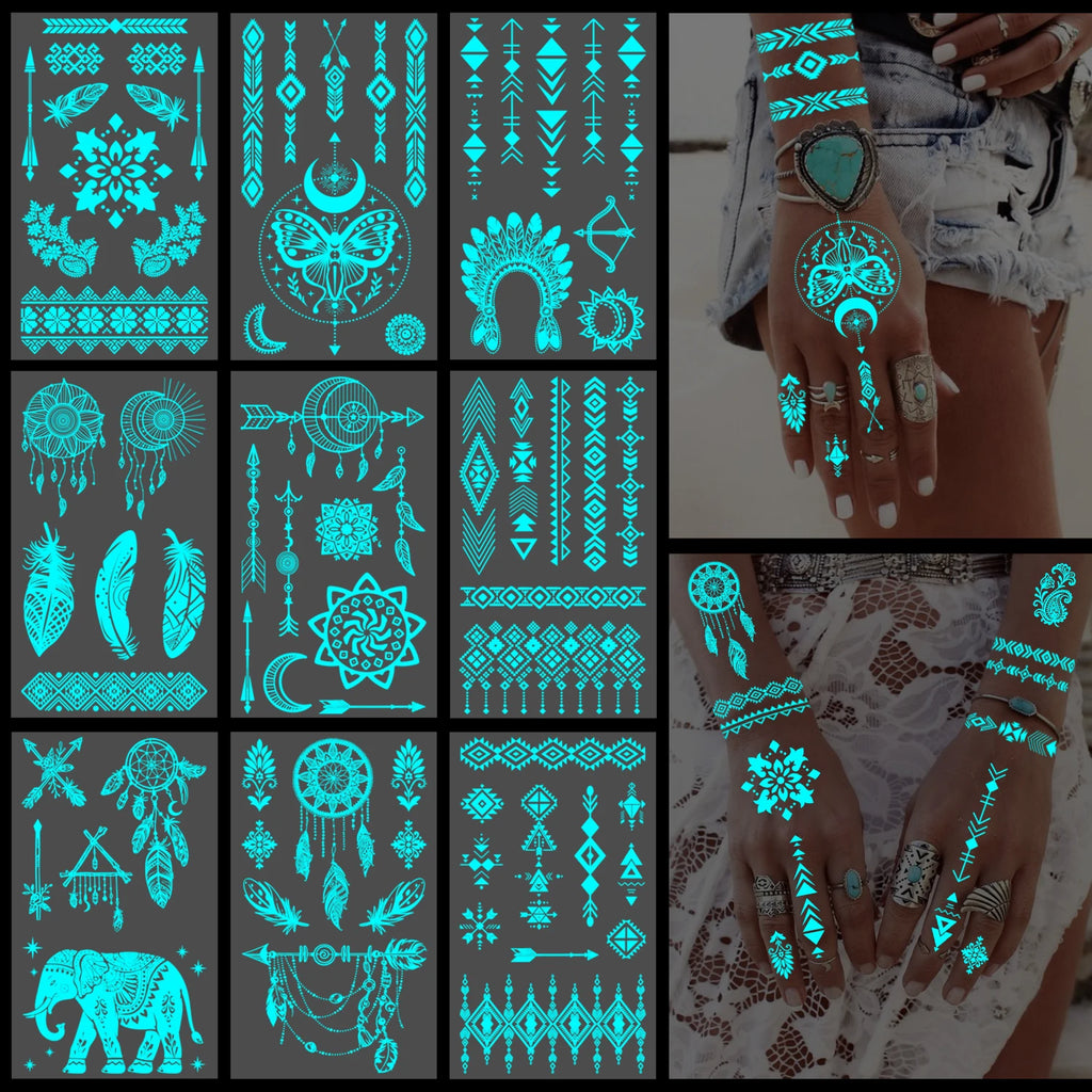 10 Sheets Glow in the Dark Tattoos – Women’s Festival Accessories, Rave Party Body Art, Boho Style Luminous Temporary Stickers