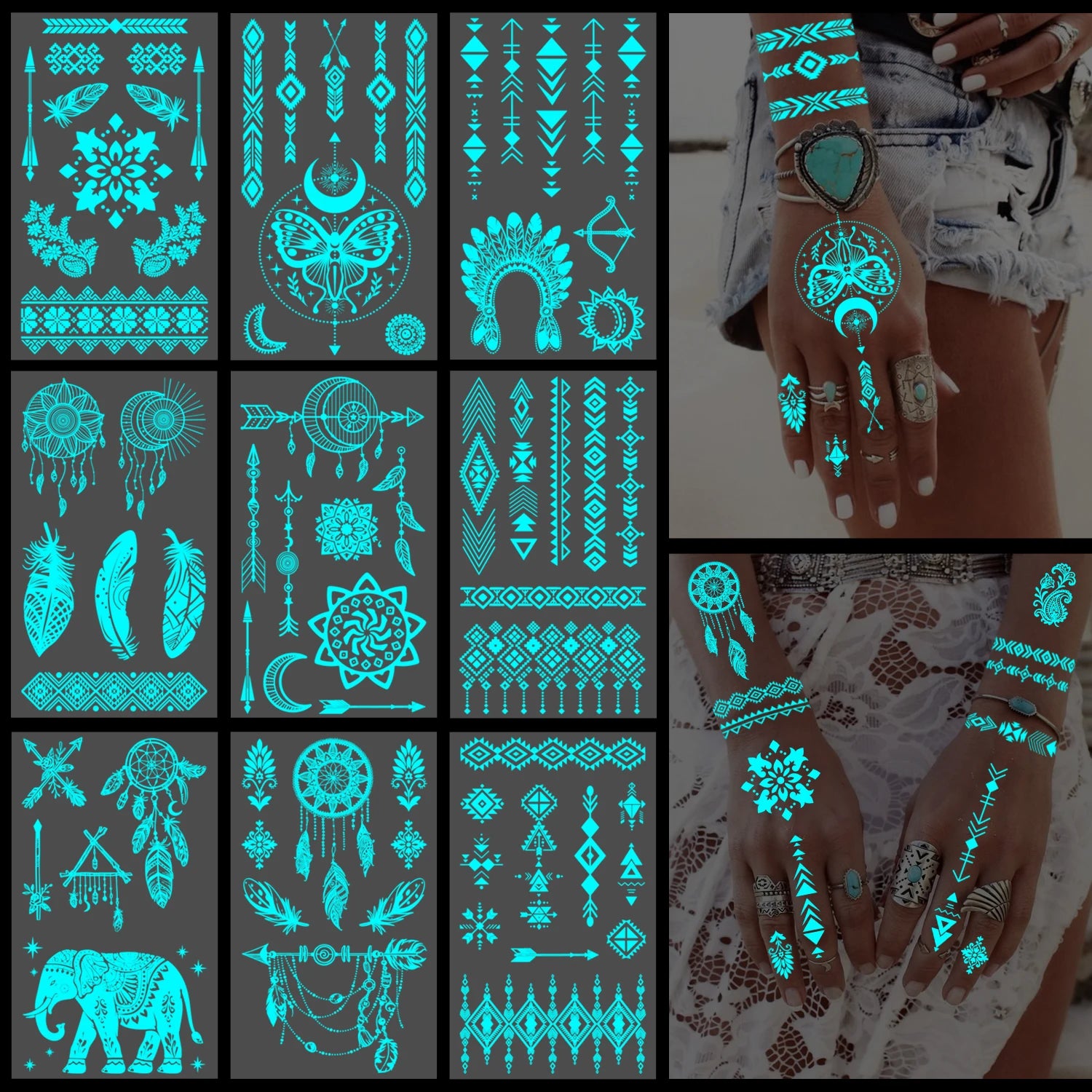10 Sheets Glow in the Dark Tattoos – Women’s Festival Accessories, Rave Party Body Art, Boho Style Luminous Temporary Stickers