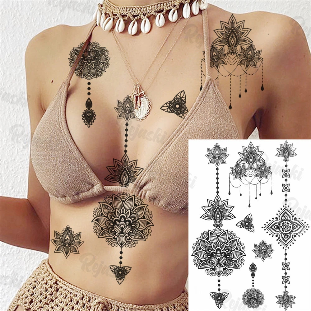 Sexy Waterproof Temporary Tattoo – Floral Mandala, Lotus & Animal Designs for Chest & Underboob