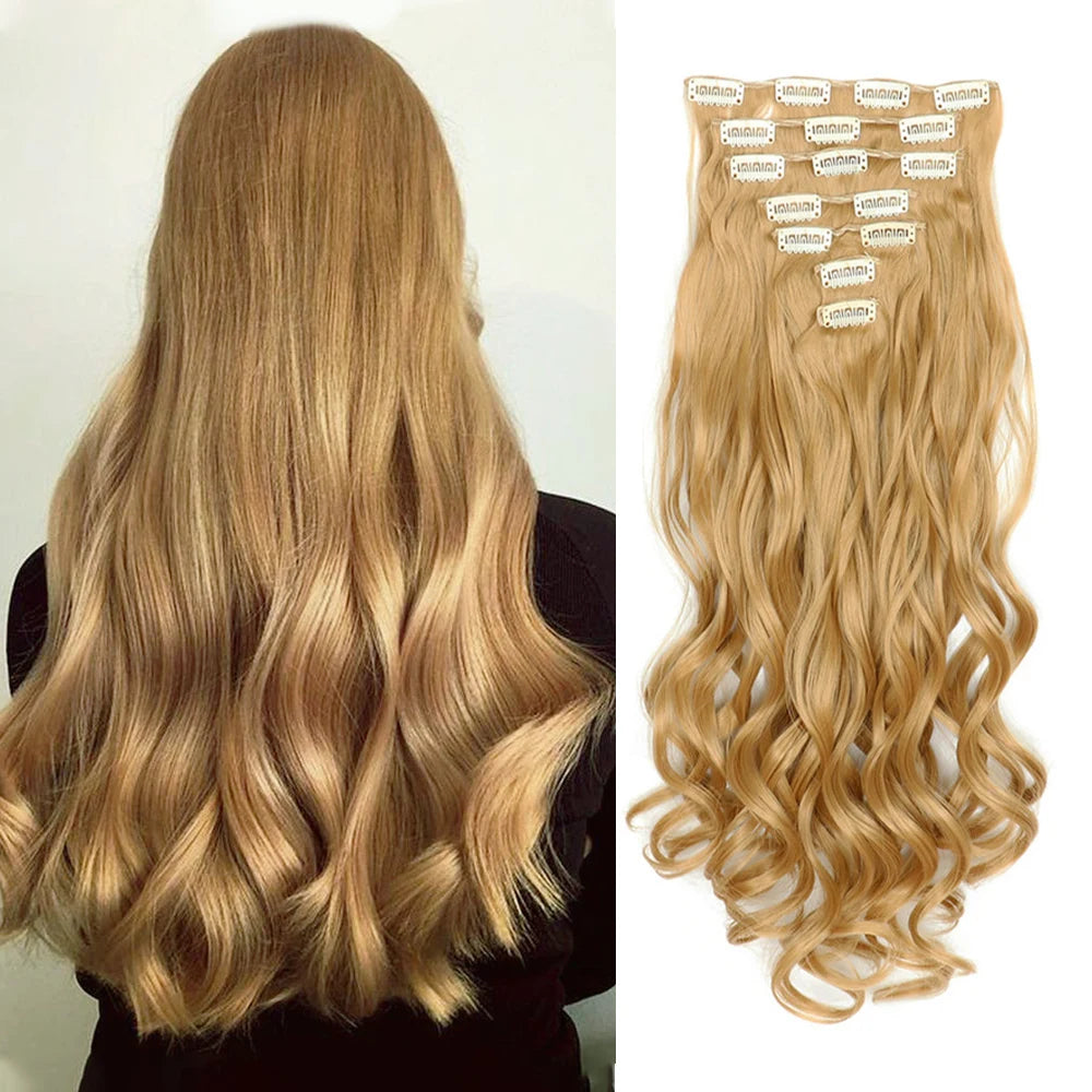 7PCS Clip-In Hair Extensions – 22 Inch Long Curly Wavy Synthetic Hair Pieces