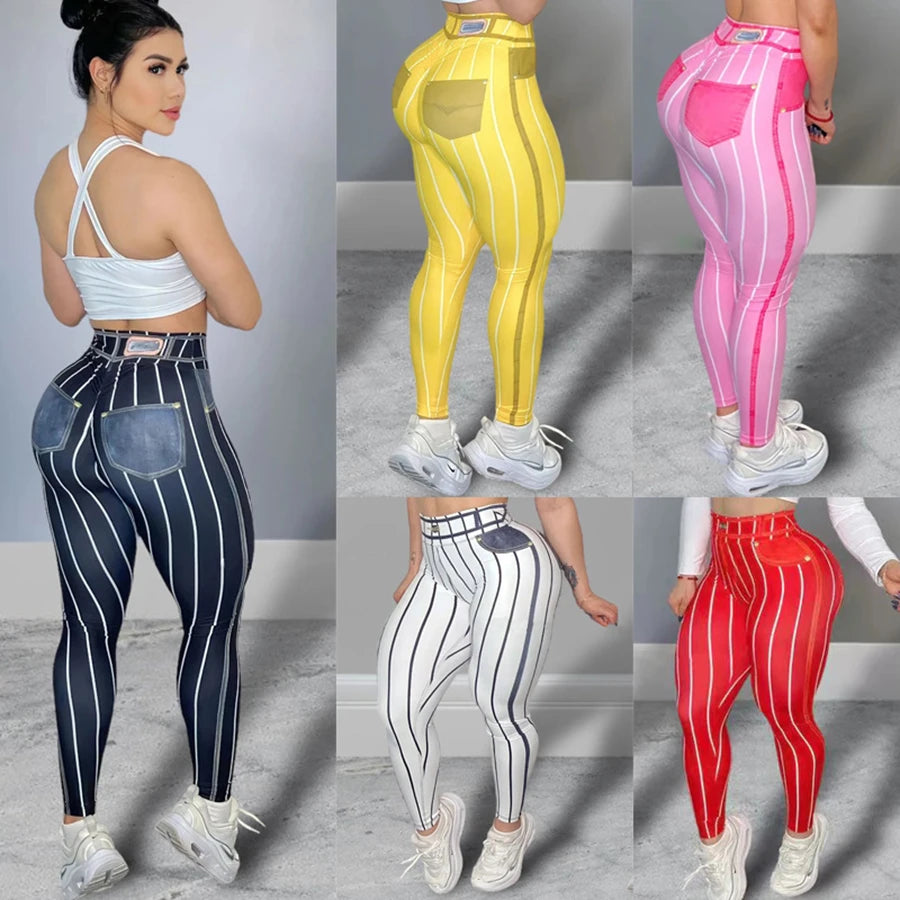 Denim-Look High-Waisted Striped Sculpting Leggings