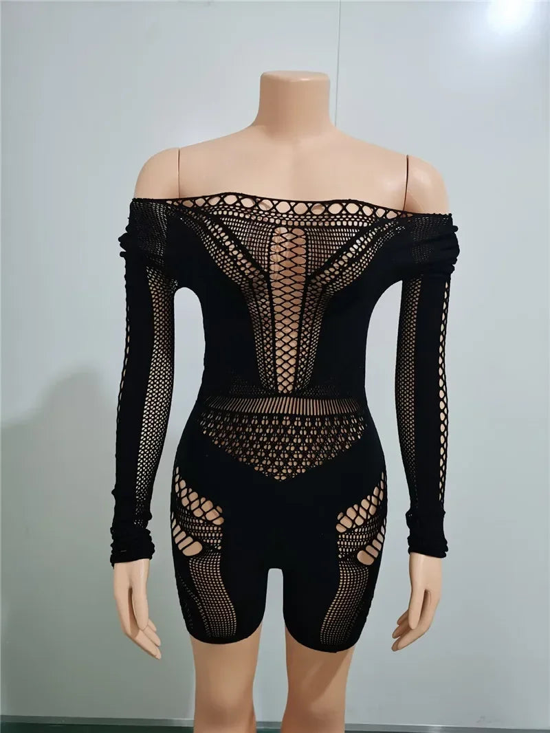 Sexy Black or White Club Outfits Jumpsuit  Long Sleeves Mesmerizing Mesh Hollow Stretch Short Rompers