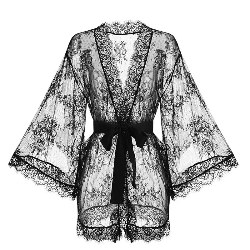 Romantic & Luxurious Midnight Lace Boudoir Robe – Intimate Lounge Kimono