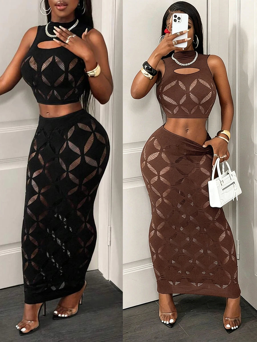 Modern Silhouette Diamond-Cutout Maxi Set – Chic Two-Piece Lounge Ensemble Stretechy Clubwear