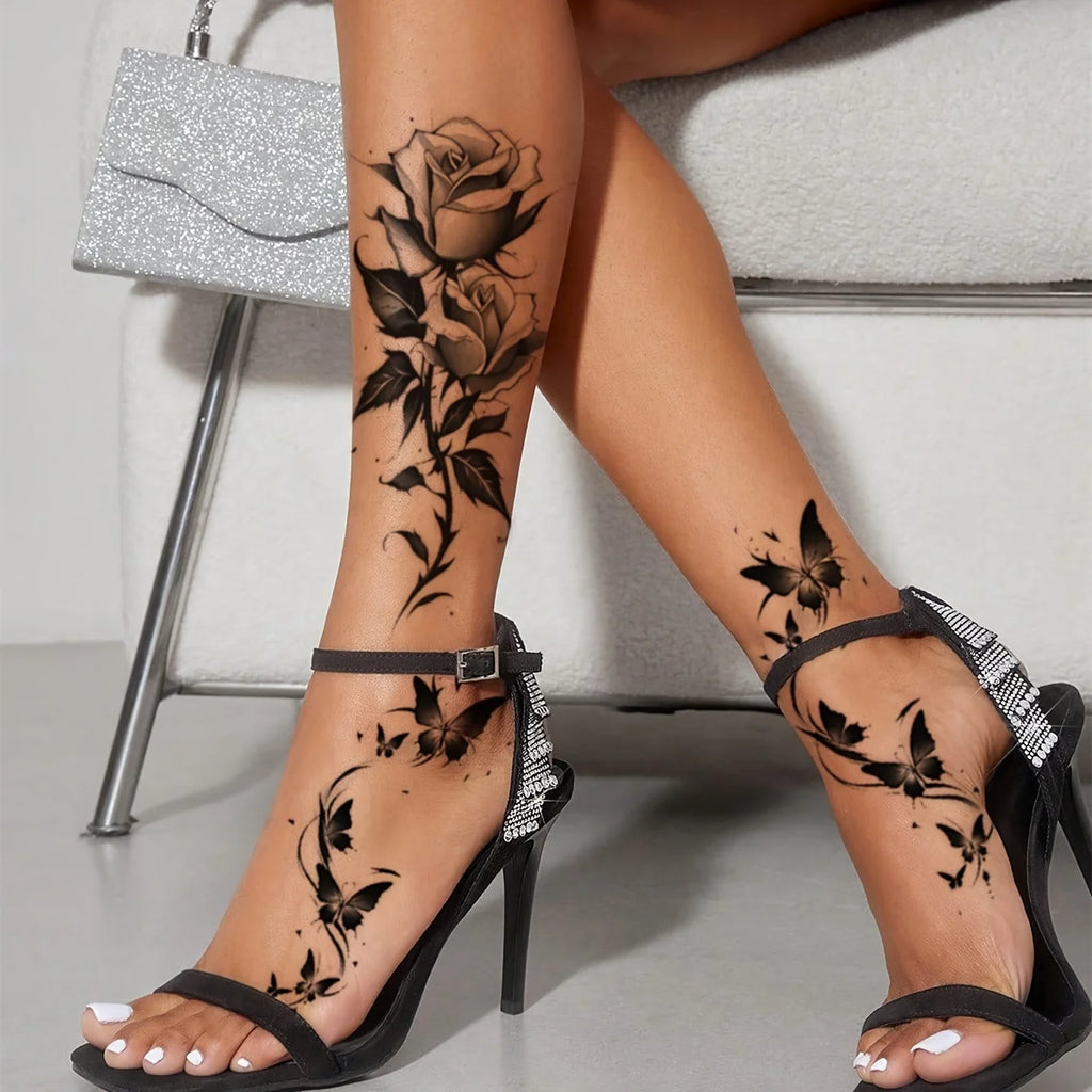 The Botanical Collection: 2-Pack Black Butterfly & Flower Temporary Tattoos for Effortless Style