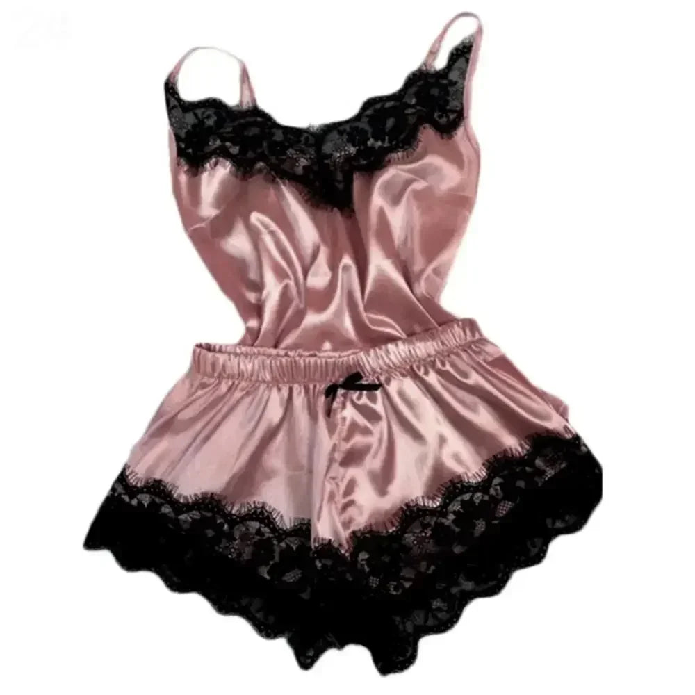 Luxury Satin Lingerie Sleepwear Set – Sexy Lace Trim Cami and Ruffle Shorts Nightwear