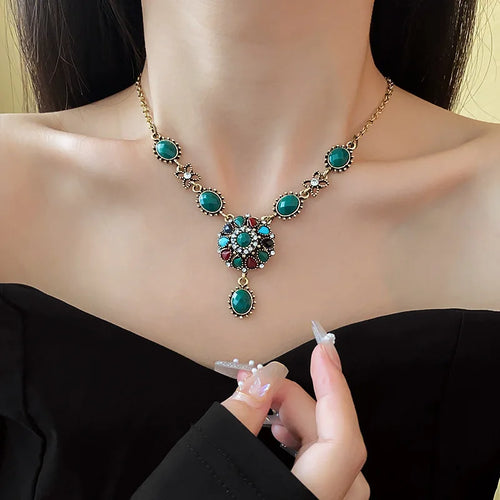 Colorful Rhinestonewater Drop Round Flower Necklaces  Vintage Advanced Collar Chains Aesthetic