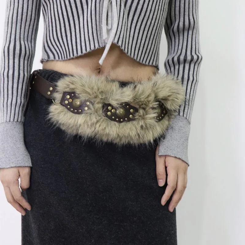 Bohemian Faux-Fur & Studded Leather-Look Belt with Antique Gold Accents