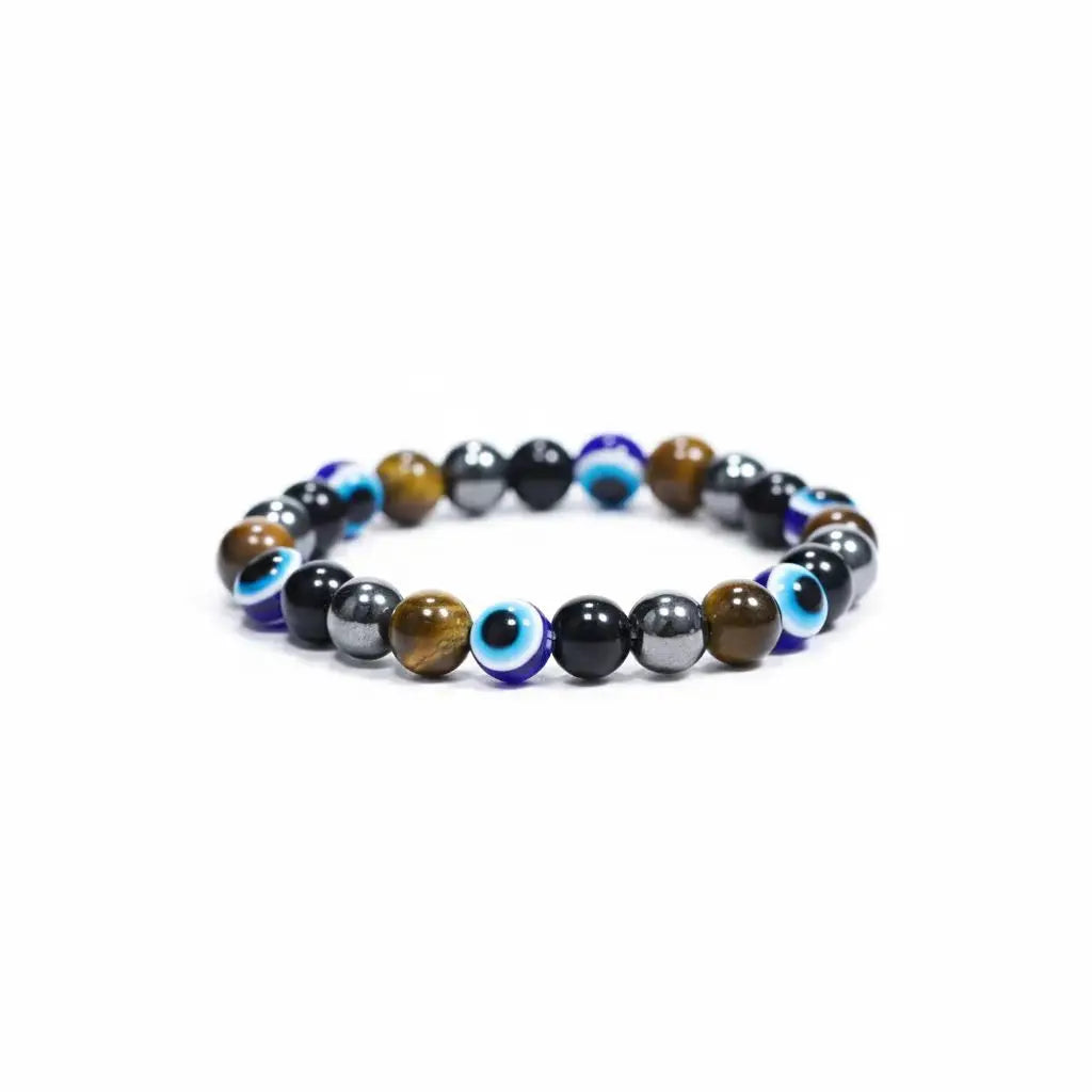 Wealth Protection Stretch Bracelet – Blue Evil Eye, Hematite, Yellow Tiger‘s Eye, Obsidian