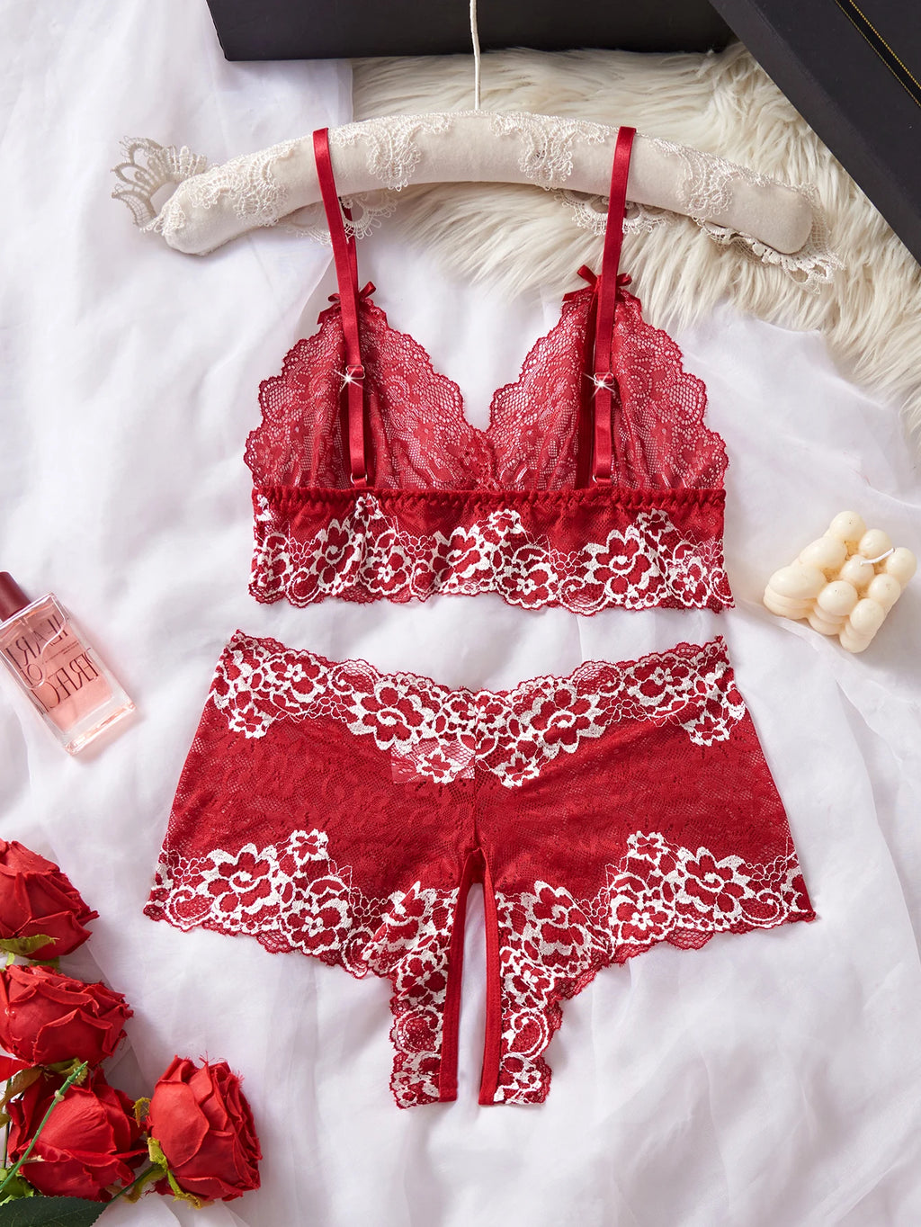 Women’s Sexy Floral Lace Open-Cup Bra & Crotchless Panty Set