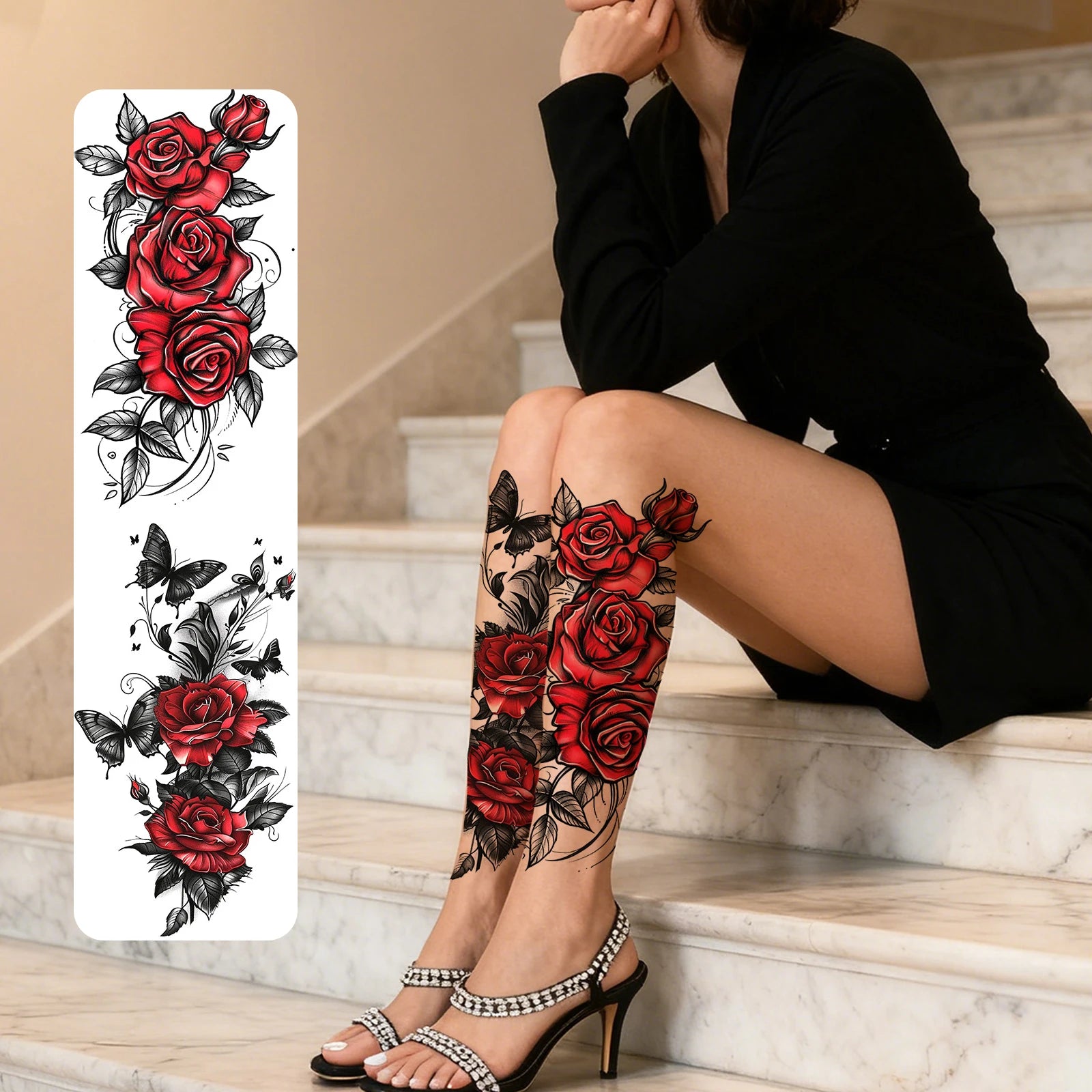 2-Sheet Red Floral Butterfly Temporary Tattoo – Waterproof & Long-Lasting Scar Concealment Stickers