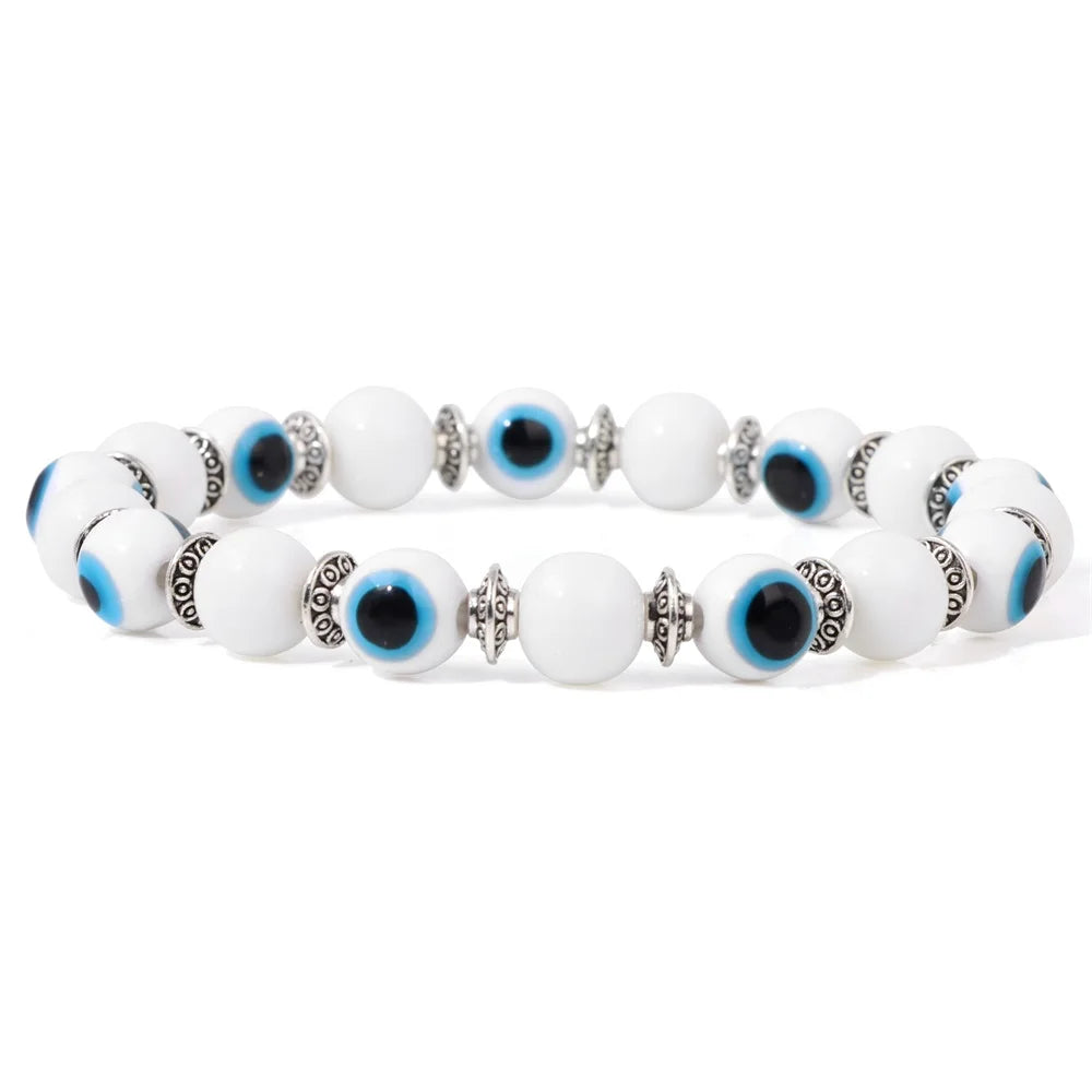 Handmade Evil Eye Natural Stone Bracelet Set – Elastic Lava Rock and Hematite Multilayer Jewelry