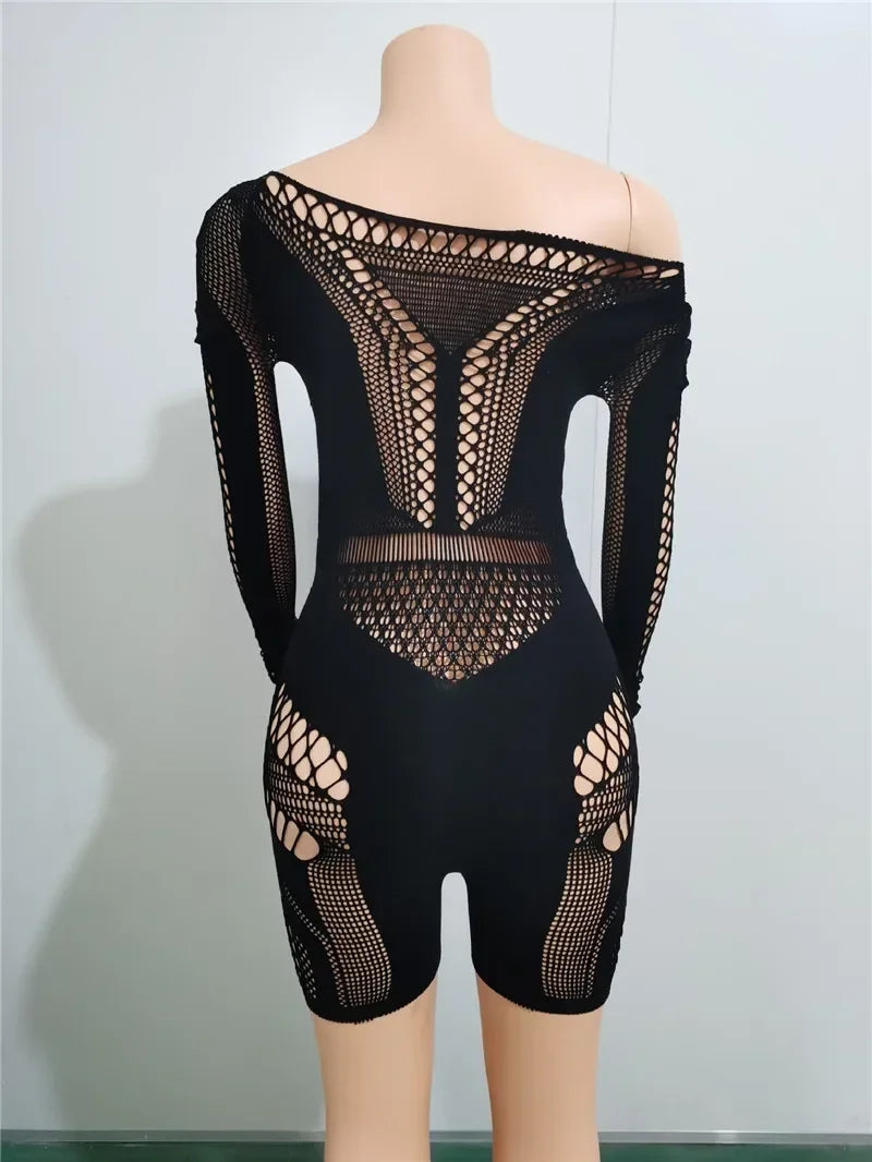 Sexy Black or White Club Outfits Jumpsuit  Long Sleeves Mesmerizing Mesh Hollow Stretch Short Rompers
