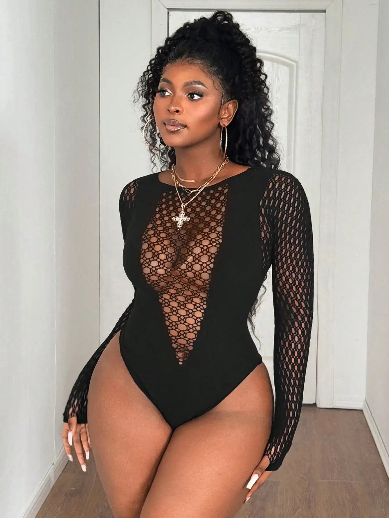Plus Size Sexy Urban Edge Geometric Mesh Catsuit – Sculpting Long-Sleeve Statement Bodysuit