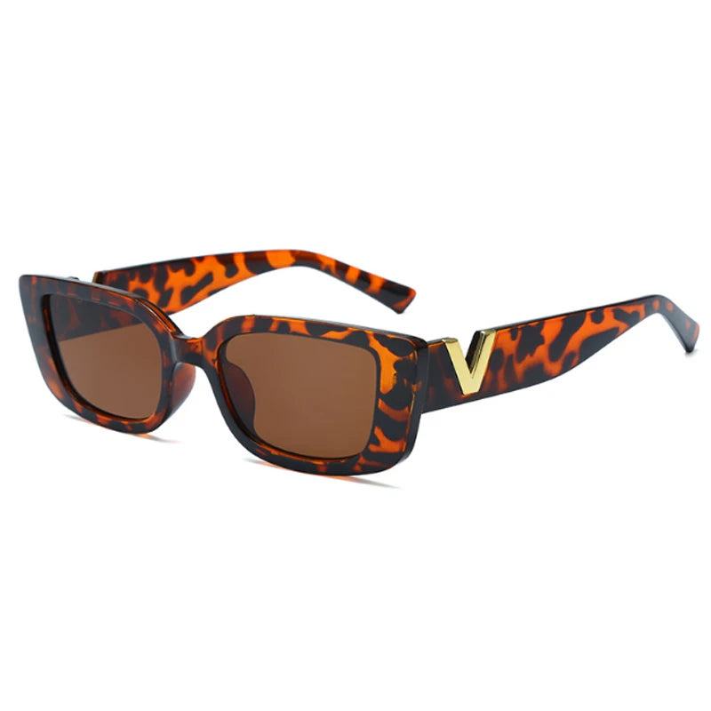 Luxury Urban Chic Rectangular Sunglasses with Gold "V" Detail