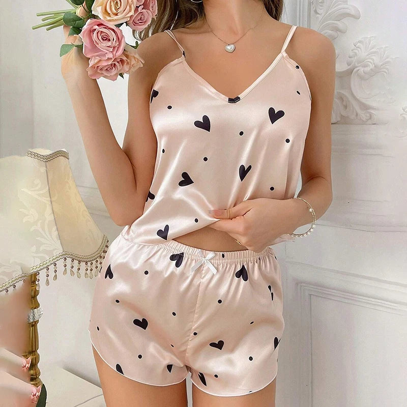 Luxury Satin Heart-Print Pajama Set | Sexy V-Neck Cami & Short Sleepwear